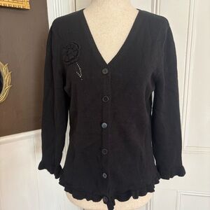 Vintage Jones New York black cardigan sweater, rosette detail, ruffle hem, small